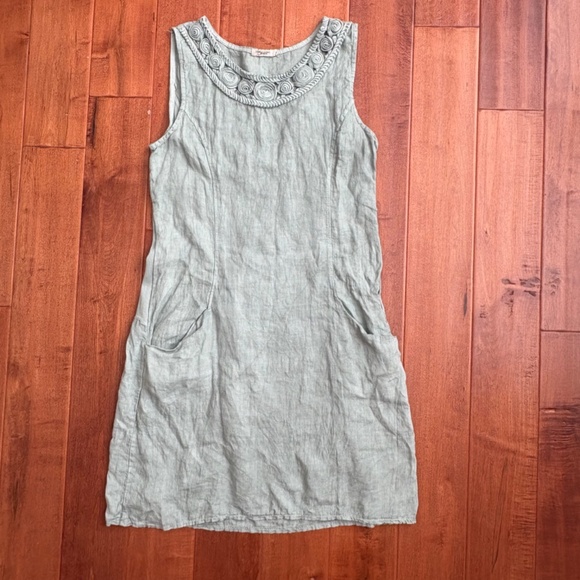 Lungo L'Arno 100% Linen Shift Dress M Lagenlook Italy Sage-Green - Picture 2 of 11